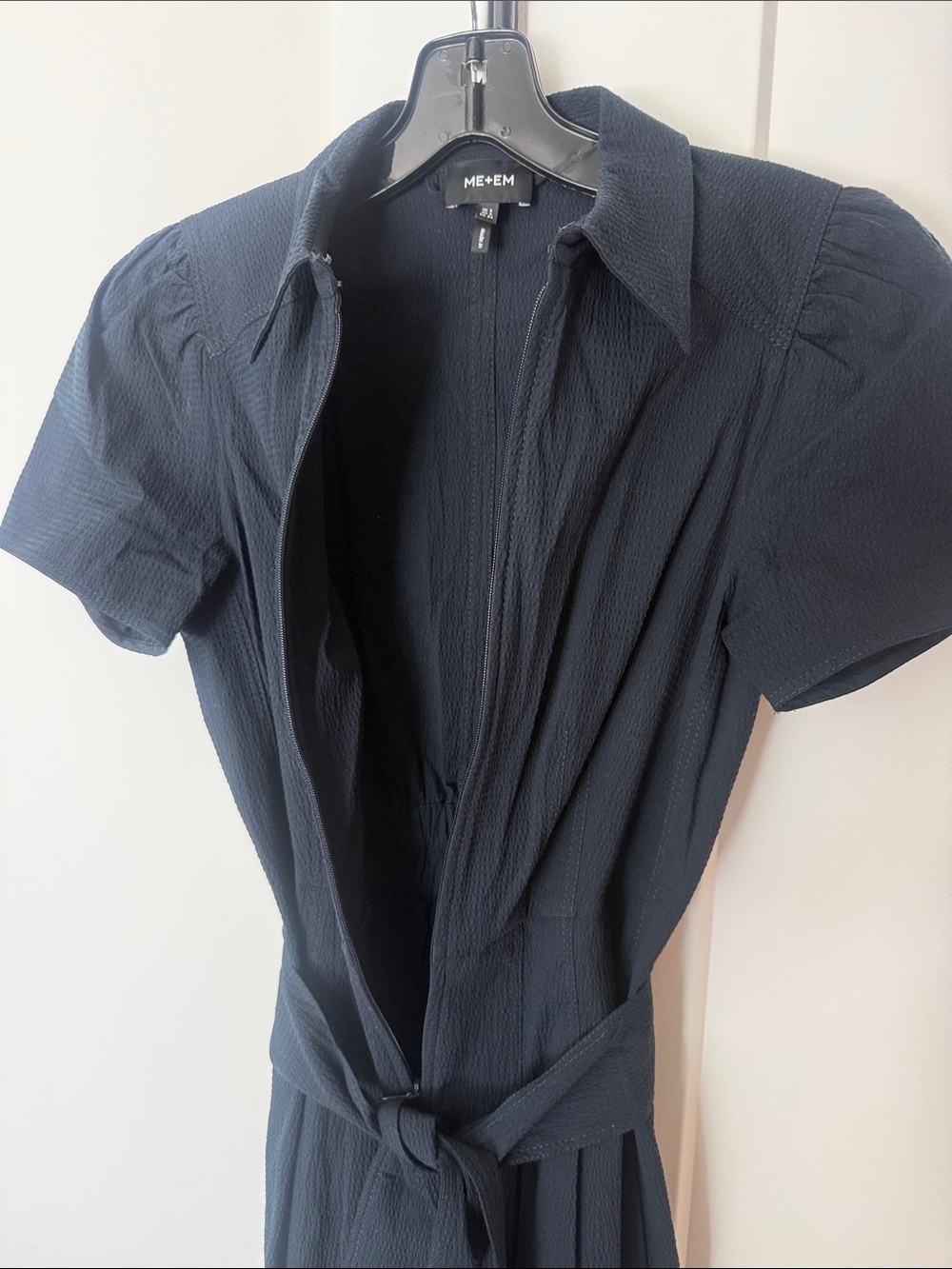 ME+EM Fit + Flare Midi Cotton Seersucker Dress Navy Blue Color size US 2 - Picture 6 of 9